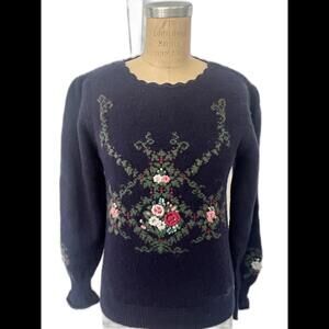 Vintage Herman Geist Hand Embroidered Wool Navy Sweater Size Small